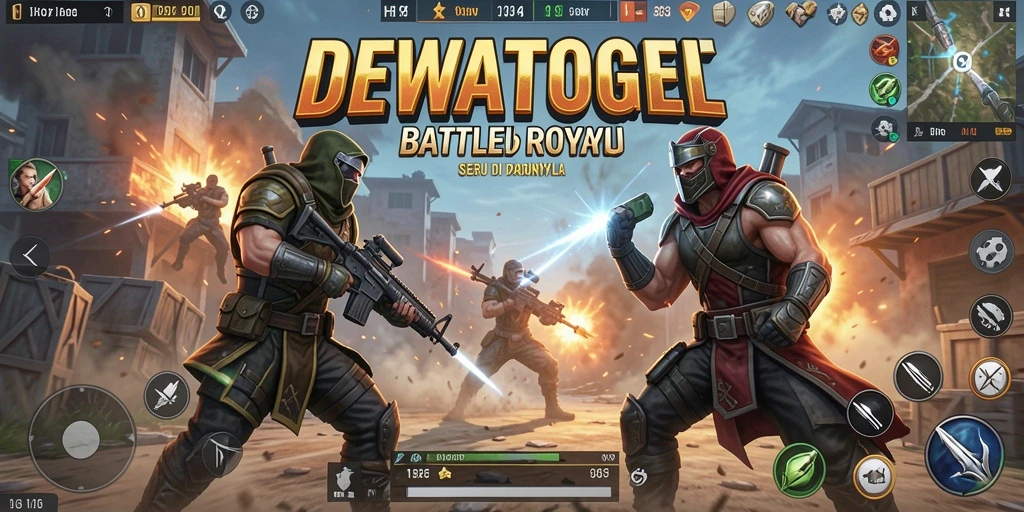 Menampilkan aksi seru dalam permainan Battle Royale DEWATOGEL.