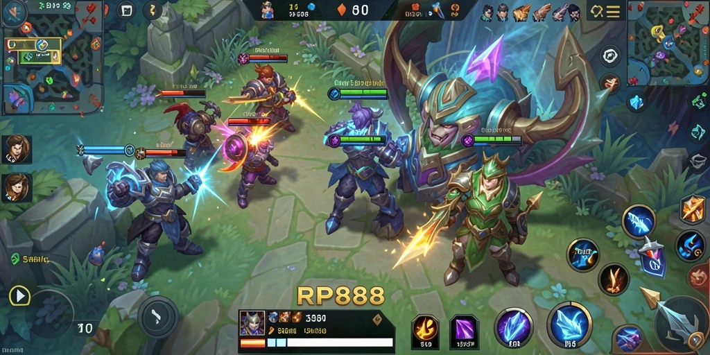 Screenshot utama RP888 menampilkan aksi pertempuran seru dalam gameplay MOBA.